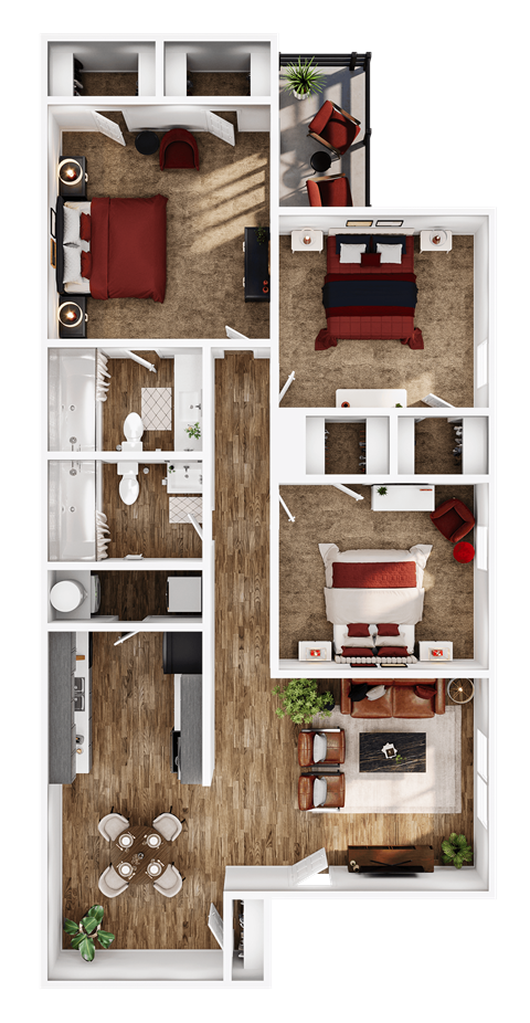 Floor plan for 3 beds, 2 baths, 1036 sqft